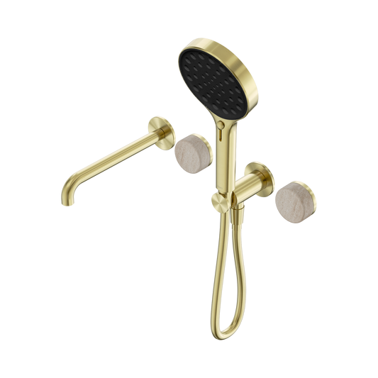 Serenity Progressive Shower System With Spout With Rome Travertine Handle And Serenity Hand Shower Brushed Gold