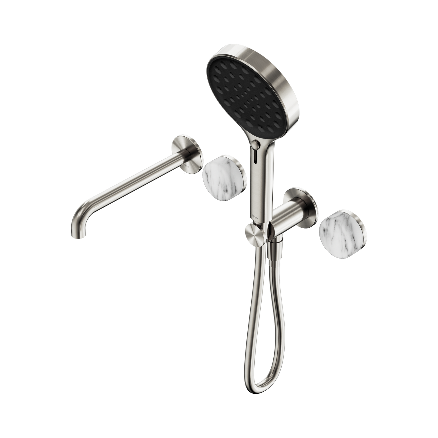 Serenity Progressive Shower System With Spout With Arabescato Corchia Handle And Serenity Hand Shower Brushed Nickel