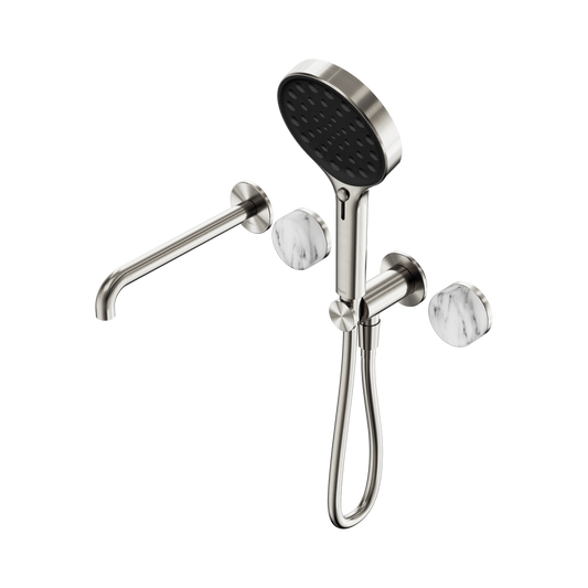 Serenity Progressive Shower System With Spout With Arabescato Corchia Handle And Serenity Hand Shower Brushed Nickel