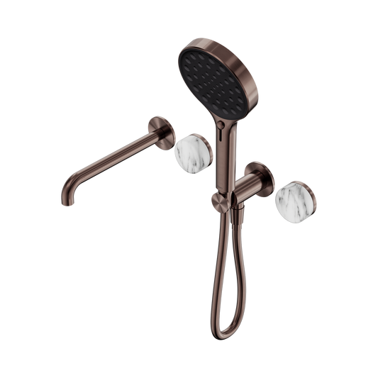 Serenity Progressive Shower System With Spout With Arabescato Corchia Handle And Serenity Hand Shower Brushed Bronze