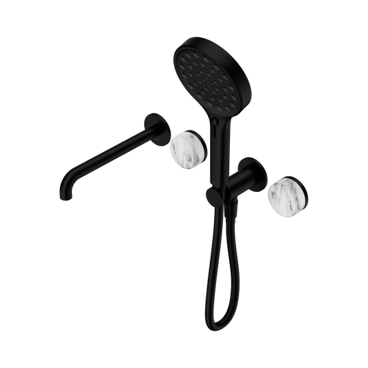 Serenity Progressive Shower System With Spout With Arabescato Corchia Handle And Serenity Hand Shower Matte Black