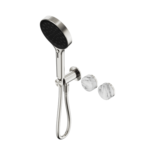 Serenity Progressive Shower System With Arabescato Corchia Handle And Serenity Hand Shower Brushed Nickel