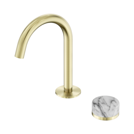 Serenity Progressive Basin Mixer Arc Spout With Arabescato Corchia Handle Brushed Gold