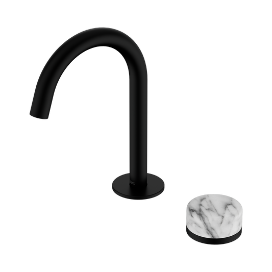 Serenity Progressive Basin Mixer Arc Spout With Arabescato Corchia Handle Matte Black