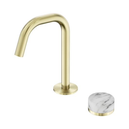 Serenity Progressive Basin Mixer Edge Spout With Arabescato Corchia Handle Brushed Gold