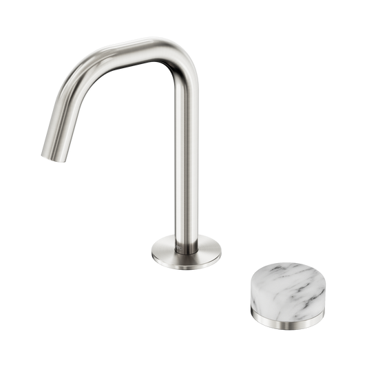 Serenity Progressive Basin Mixer Edge Spout With Arabescato Corchia Handle Brushed Nickel