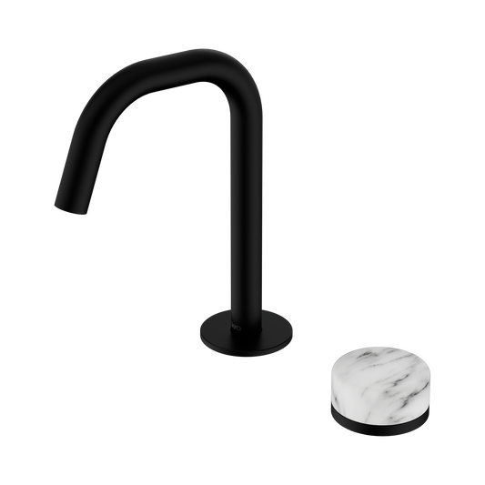Serenity Progressive Basin Mixer Edge Spout With Arabescato Corchia Handle Matte Black