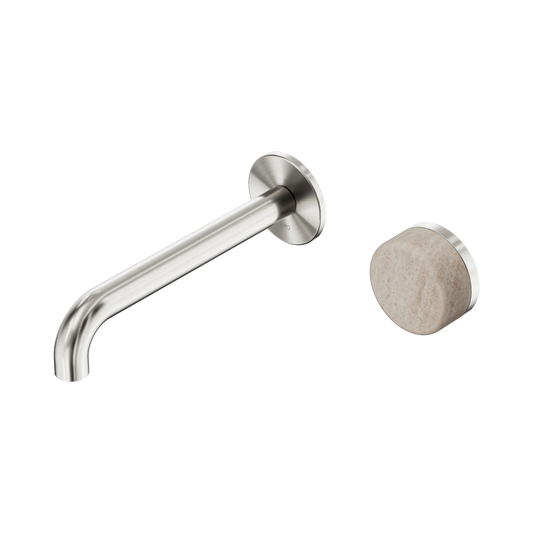 Serenity Progressive Wall Basin Mixer 185mm Spout With Rome Travertine Handle Brushed Nickel