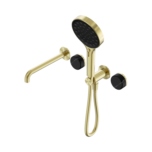 Serenity Progressive Shower System With Spout With Marquina Black Handle And Serenity Hand Shower Brushed Gold