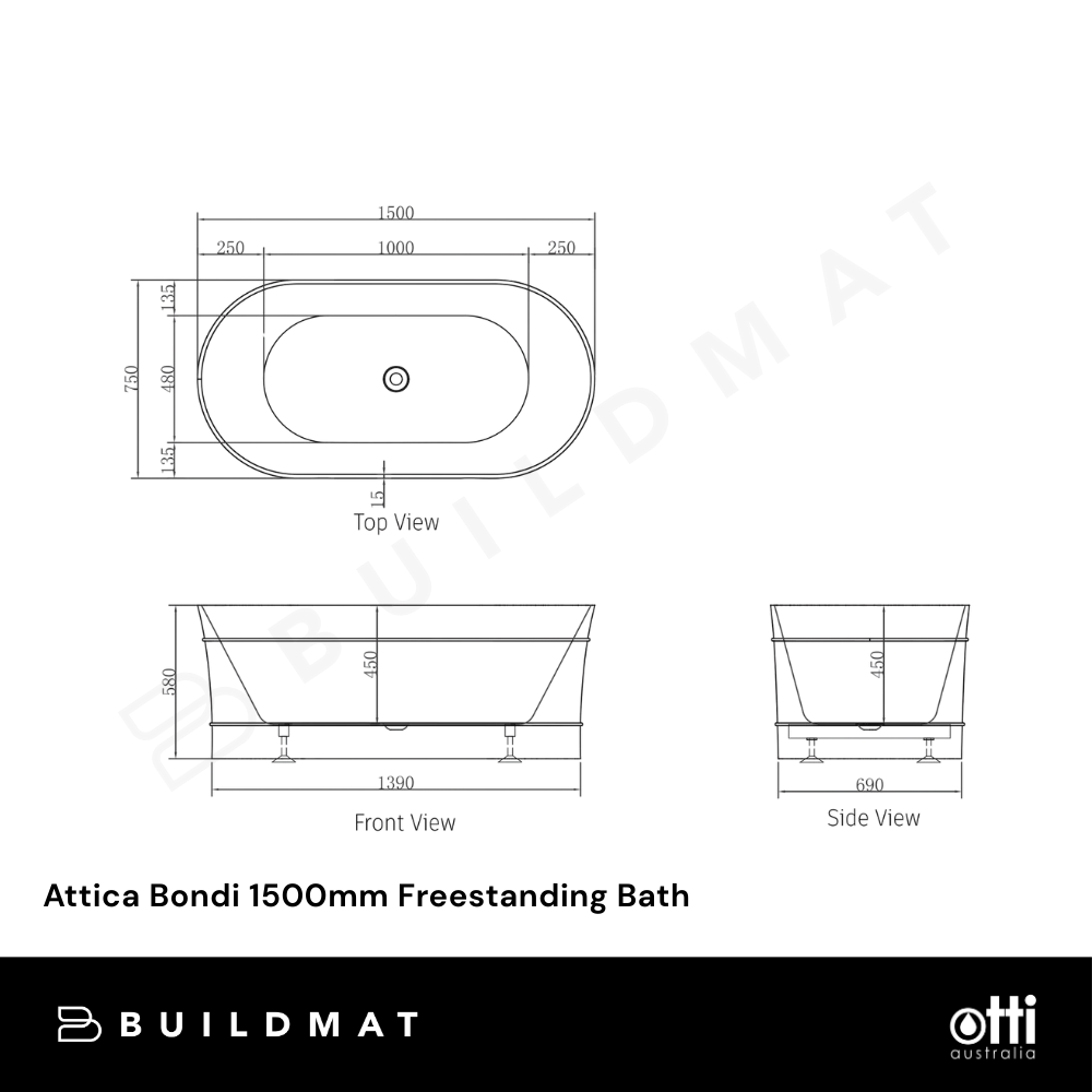 Otti Attica Bondi 1500mm Freestanding Bath Gloss White