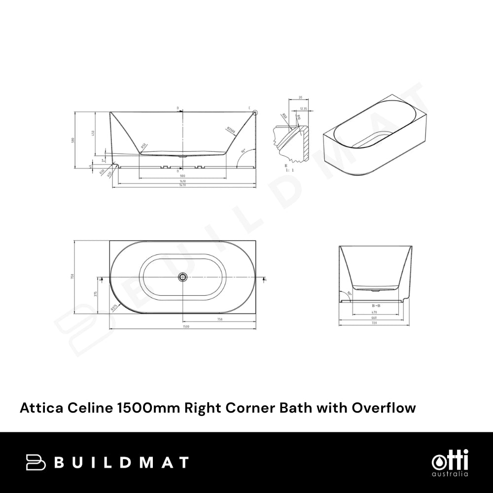 Otti Attica Celine 1500mm Right Corner Bath with Overflow Gloss White