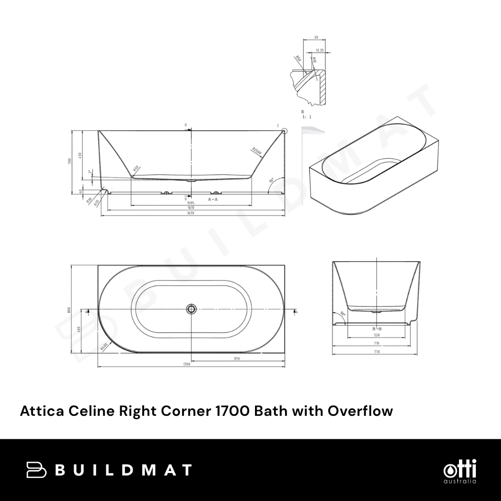 Otti Attica Celine 1700mm Right Corner Bath with Overflow Gloss White