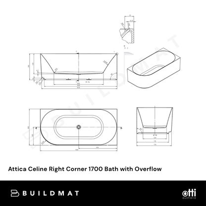 Otti Attica Celine 1700mm Right Corner Bath with Overflow Gloss White
