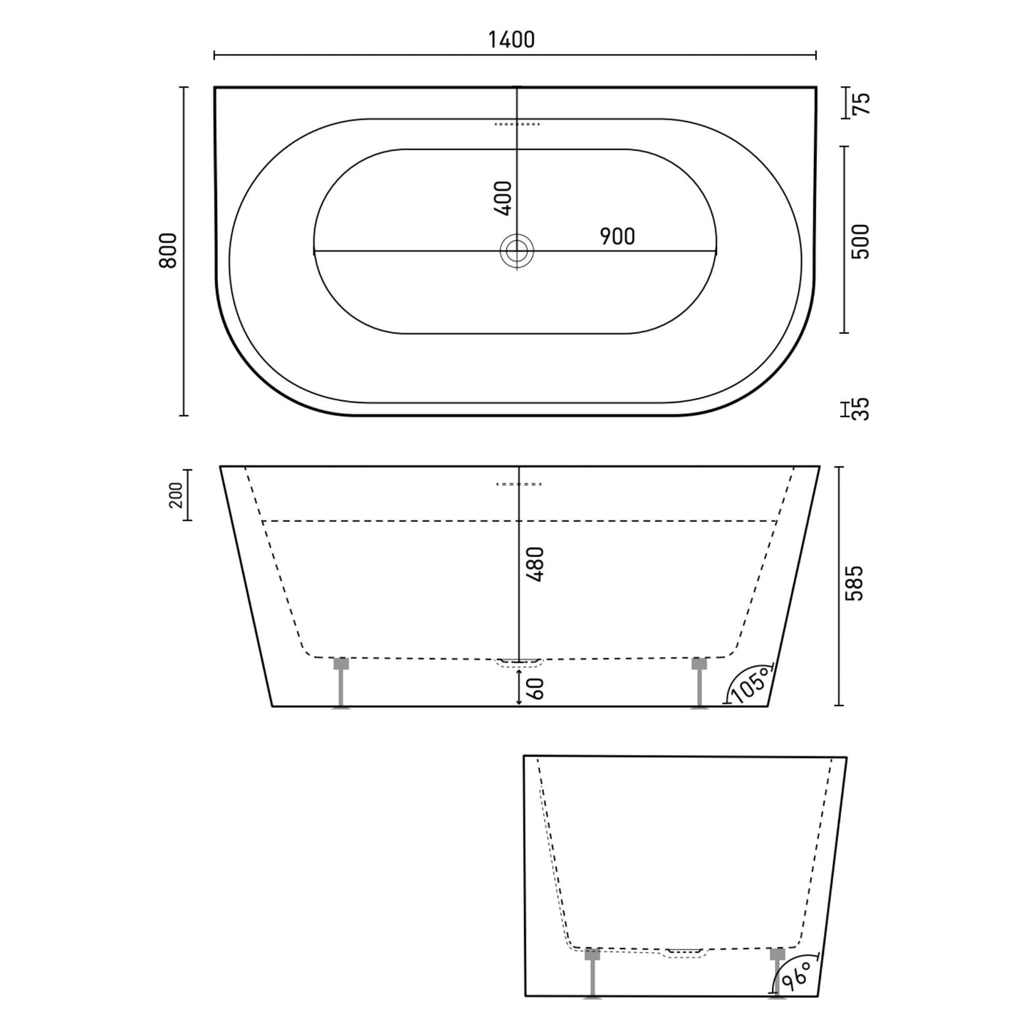 DECINA ALEGRA BACK-TO-WALL FREESTANDING BATH WITH INTEGRATED OVERFLOW  1400MM