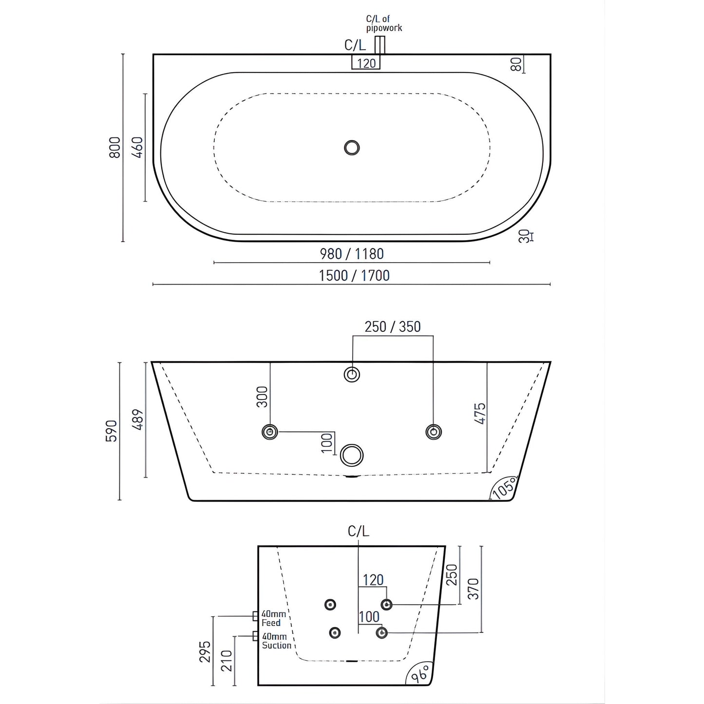 DECINA ALEGRA CONTOUR BACK-TO-WALL FREESTANDING SPA BATHTUB GLOSS WHITE (AVAILABLE IN 1500MM AND 1700MM) WITH 12-JETS