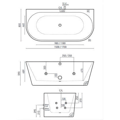 DECINA ALEGRA CONTOUR BACK-TO-WALL FREESTANDING SPA BATHTUB GLOSS WHITE (AVAILABLE IN 1500MM AND 1700MM) WITH 12-JETS