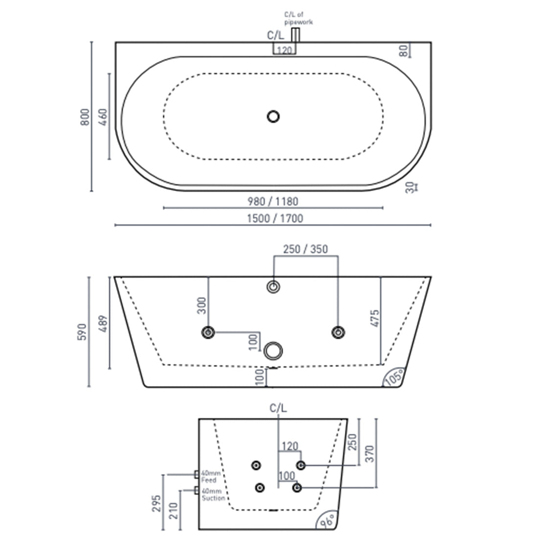 Decina Alegra 1700mm Contour Back-To-Wall Freestanding Bath