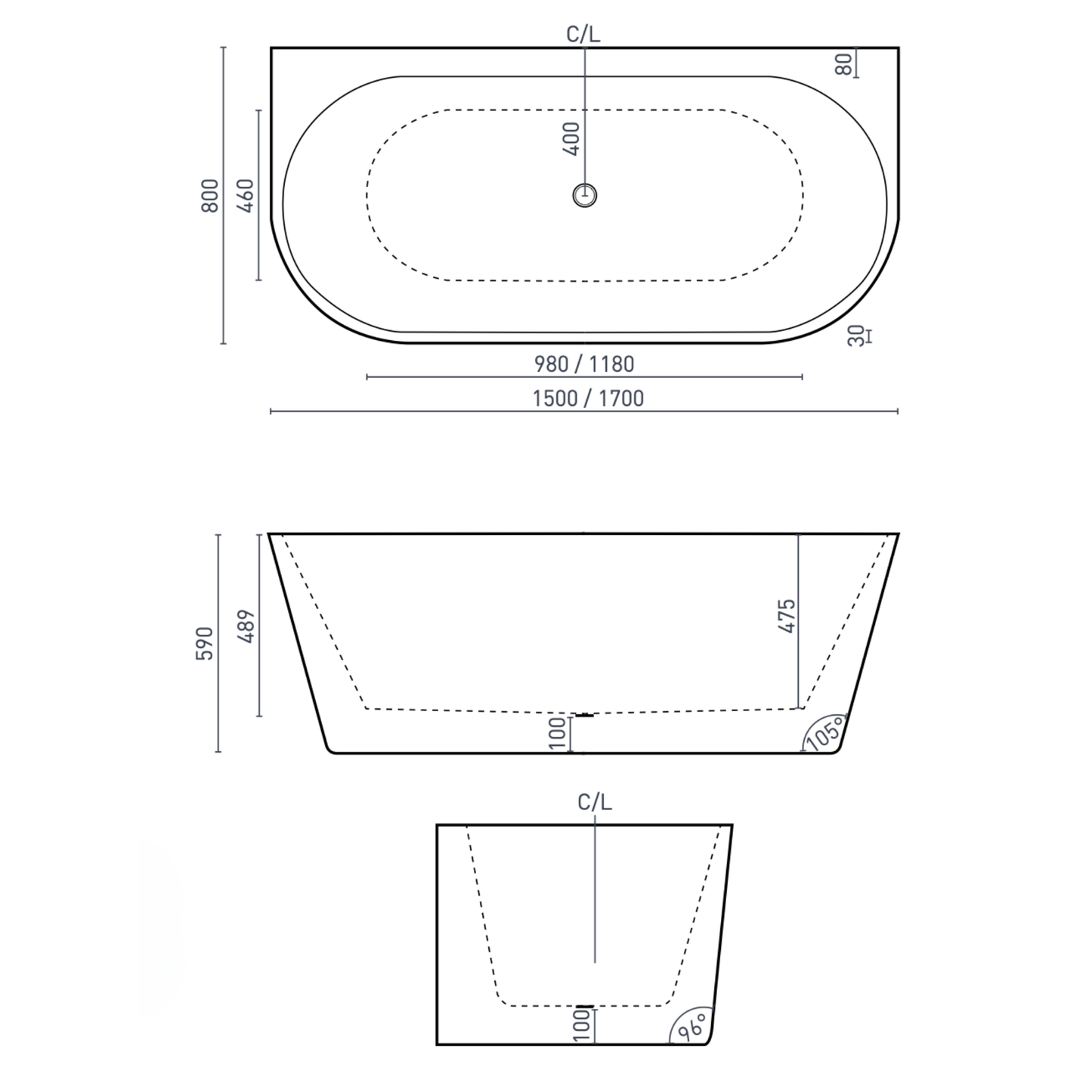 DECINA ALEGRA BACK-TO-WALL FREESTANDING BATH GLOSS WHITE (AVAILABLE IN 1500MM AND 1700MM)
