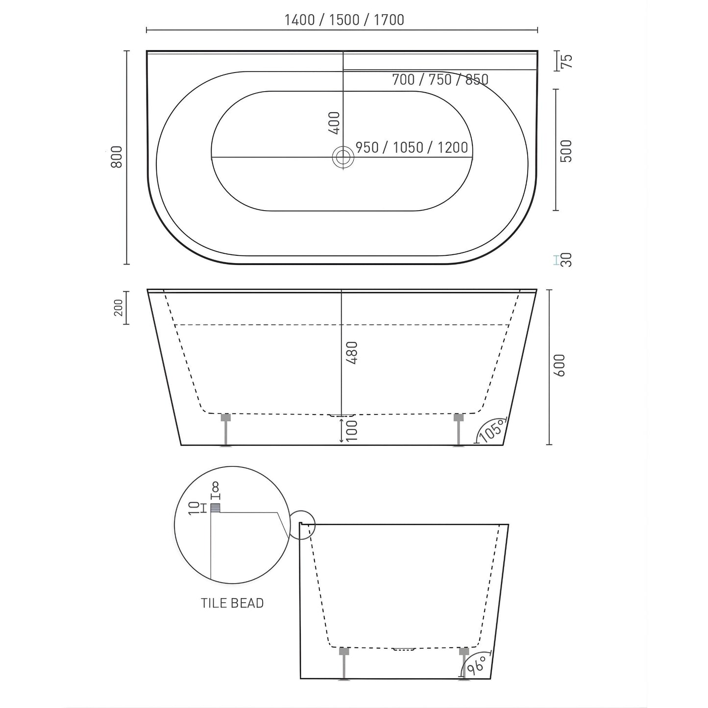 DECINA ALEGRA BACK-TO-WALL BATH WITH INTEGRATED OVERFLOW GLOSS  1700MM