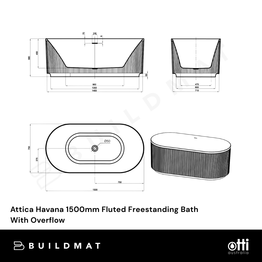 Otti Attica Havana 1500mm Fluted Freestanding Bath With Overflow Matte White
