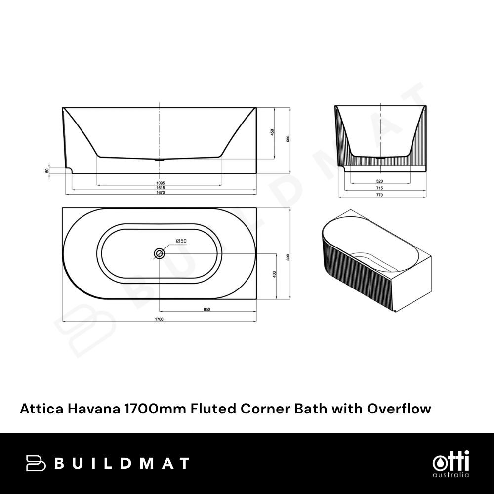Otti Attica Havana 1700mm Fluted Right Corner Bath with Overflow Matte White