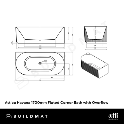 Otti Attica Havana 1700mm Fluted Right Corner Bath with Overflow Matte White