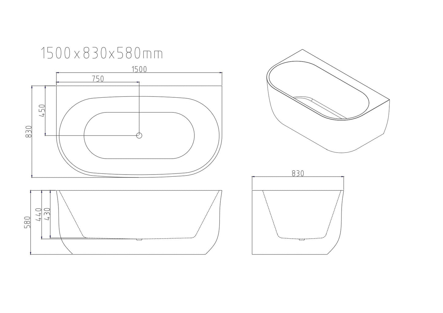 Anna Back-To-Wall Bathtub - 1700mm / Gloss White