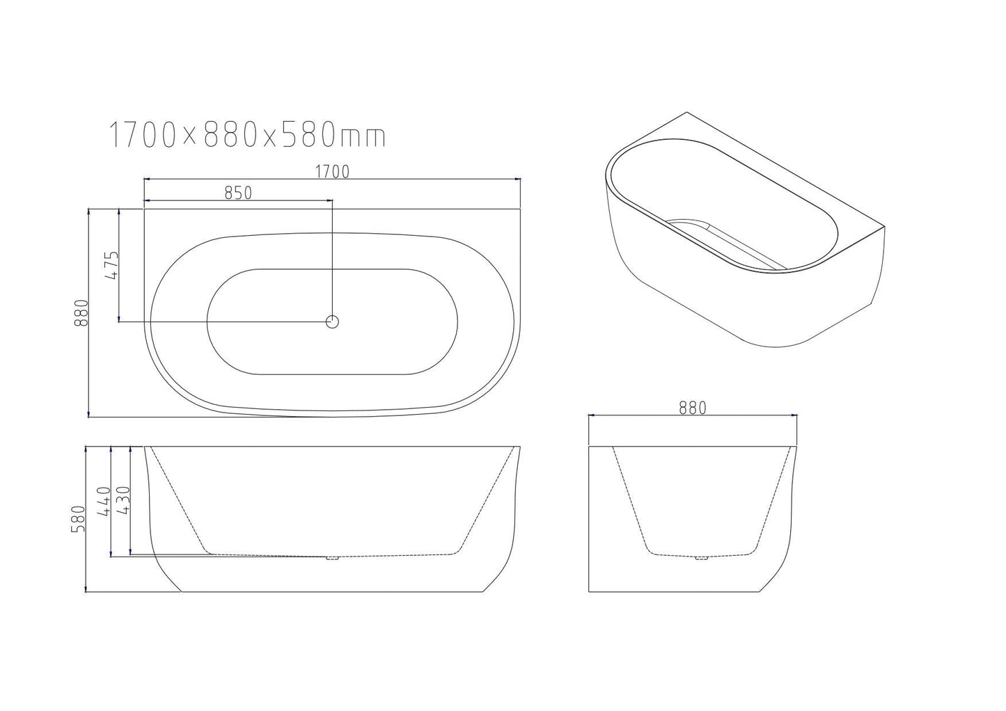 Anna Back-To-Wall Bathtub - 1700mm / Gloss White