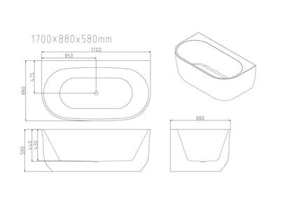 Anna Back-To-Wall Bathtub - 1700mm / Gloss White