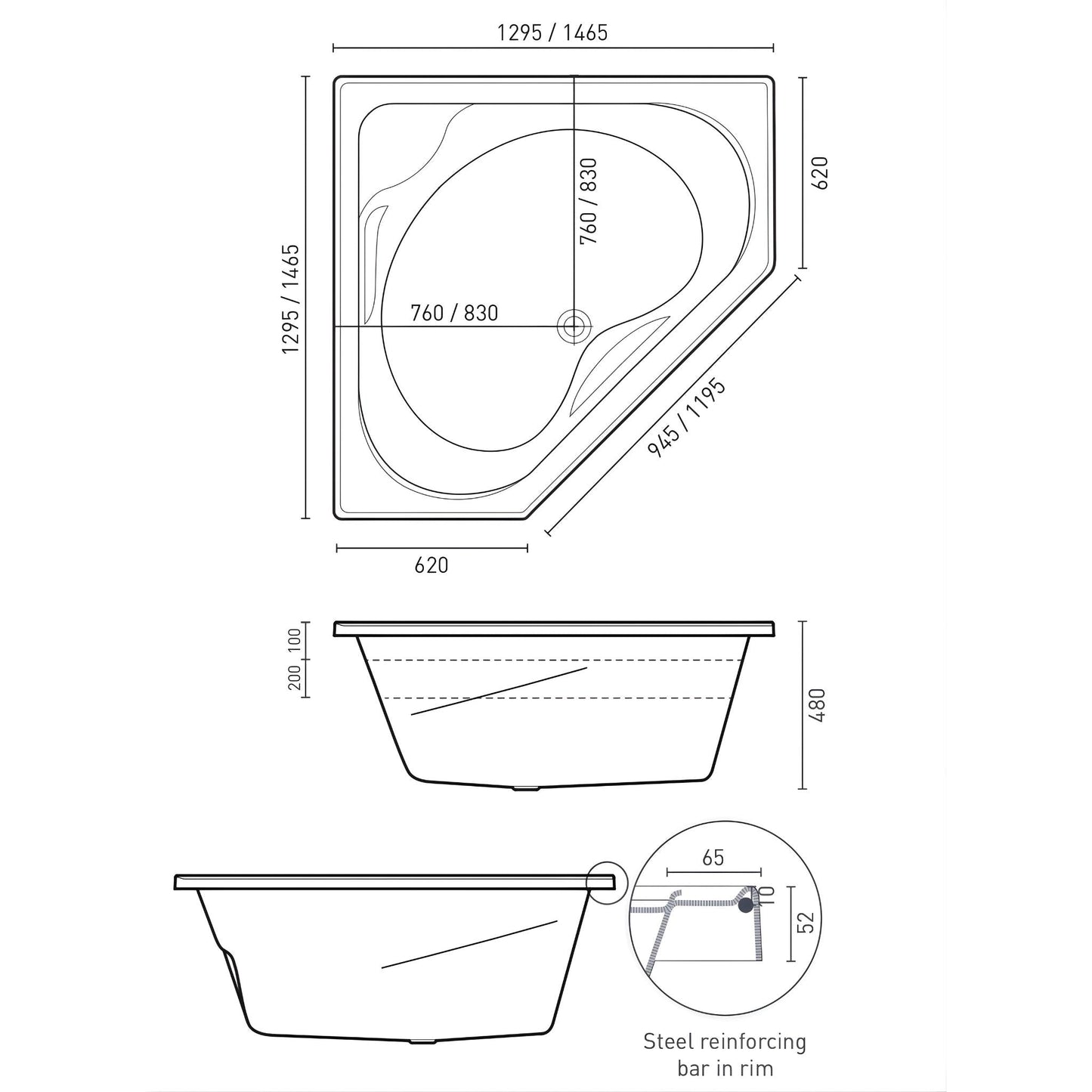 DECINA ANGELIQUE INSET CORNER BATH GLOSS WHITE (AVAILABLE IN 1295MM AND 1465MM)