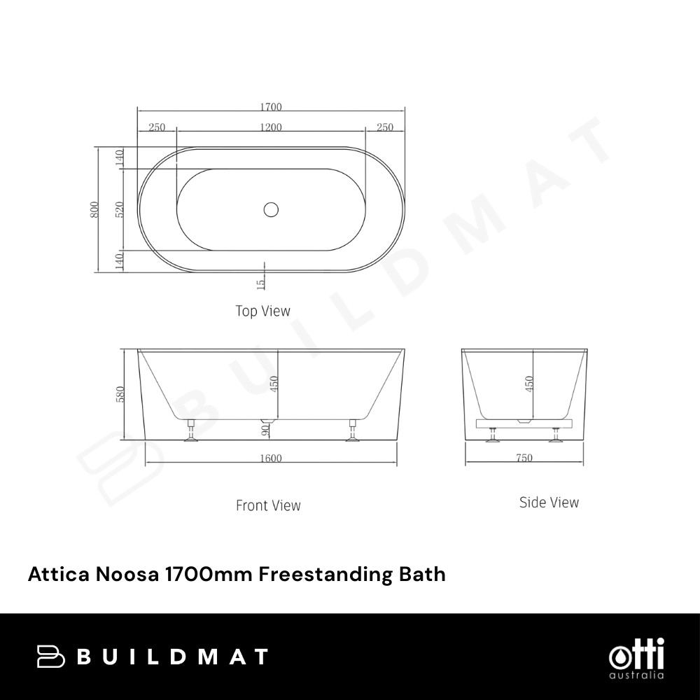 Otti Attica Noosa 1700mm Freestanding Bath Gloss White