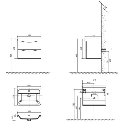 BELBAGNO ANCONA ROSE WOOD 600MM SINGLE BOWL WALL HUNG VANITY AND BASIN