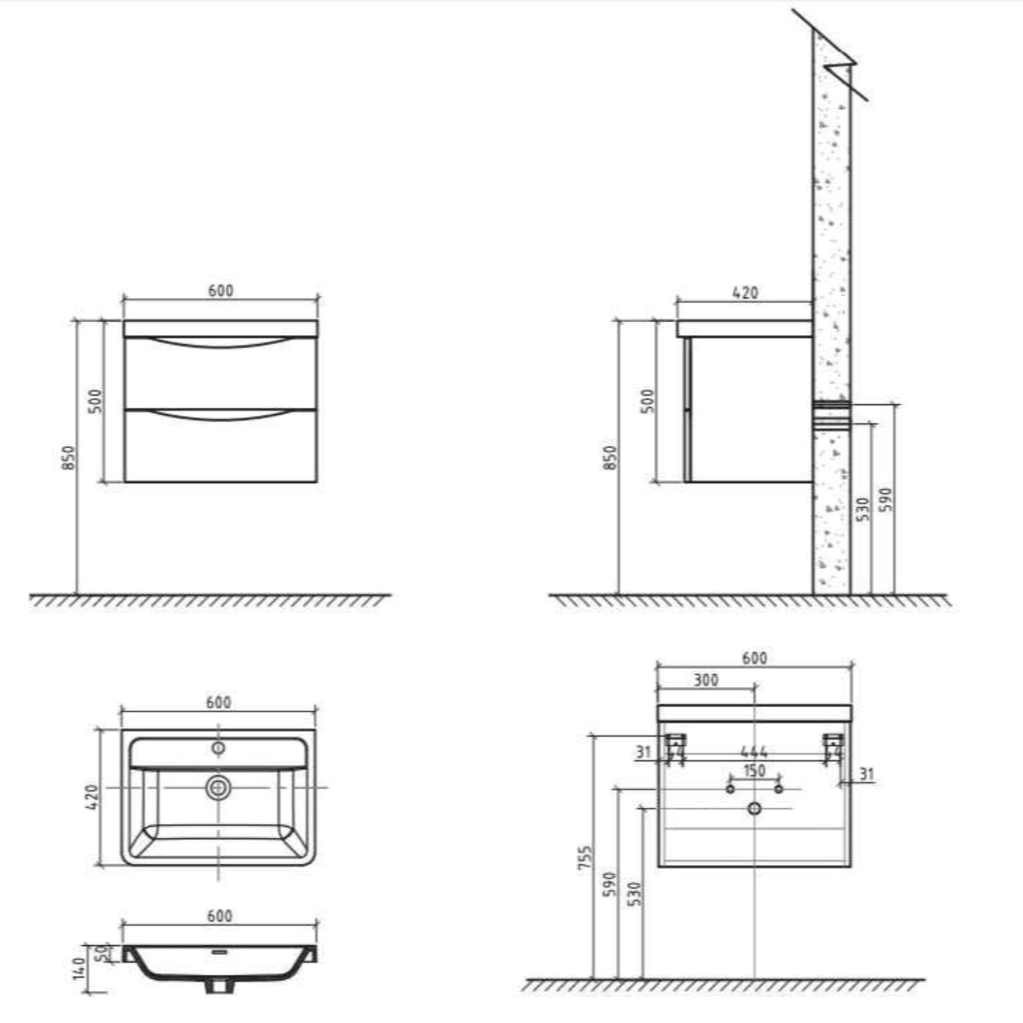 BELBAGNO ANCONA  OAK 600MM SINGLE BOWL WALL HUNG VANITY AND BASIN