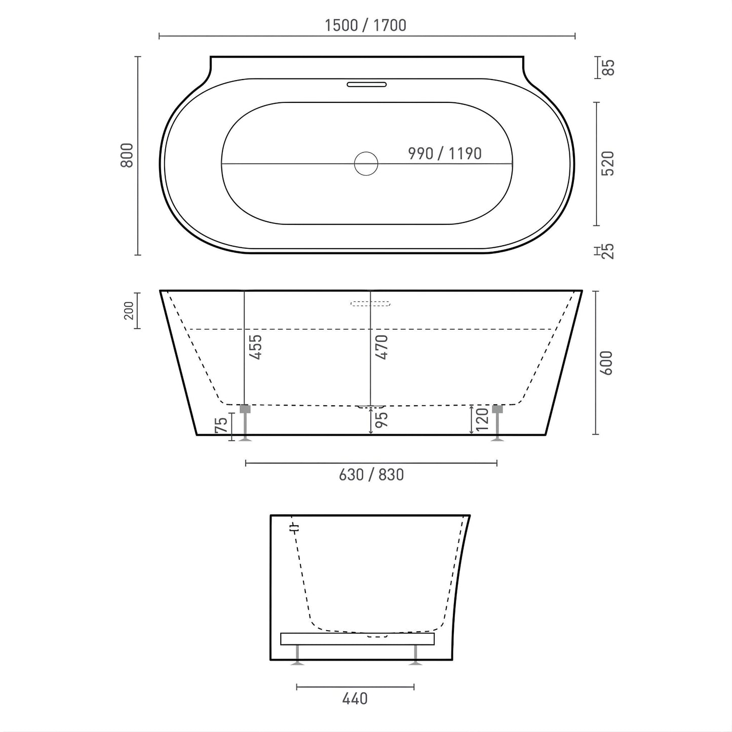DECINA AURORA BACK TO WALL FREESTANDING BATH WITH INTEGRATED OVERFLOW MATTE WHITE (AVAILABLE IN 1500MM AND 1700MM)