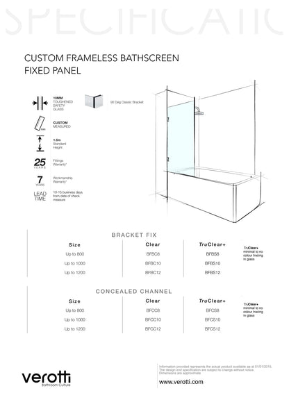 Custom Frameless Bathscreen Swing Panel (From Wall) - Up to 800 / TruClear+ / Hinged