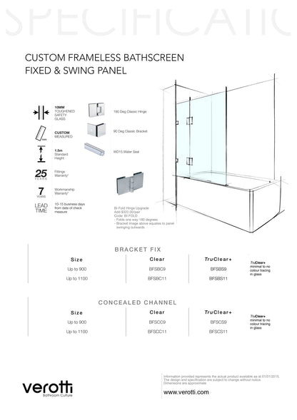 Custom Frameless Bathscreen Fixed & Swing Panel - Up to 900 / Bronze / Concealed Channel