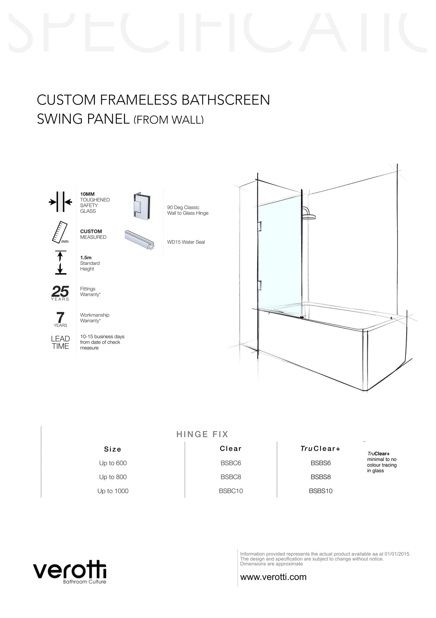 Custom Frameless Bathscreen Fixed Panel - Up to 1200 / Grey / Bracket