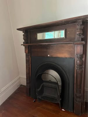 EDWARDIAN TALL OAK FIRE SURROUND MIRROR MANTLEPIECE WITH CAST IRON FIREPLACE