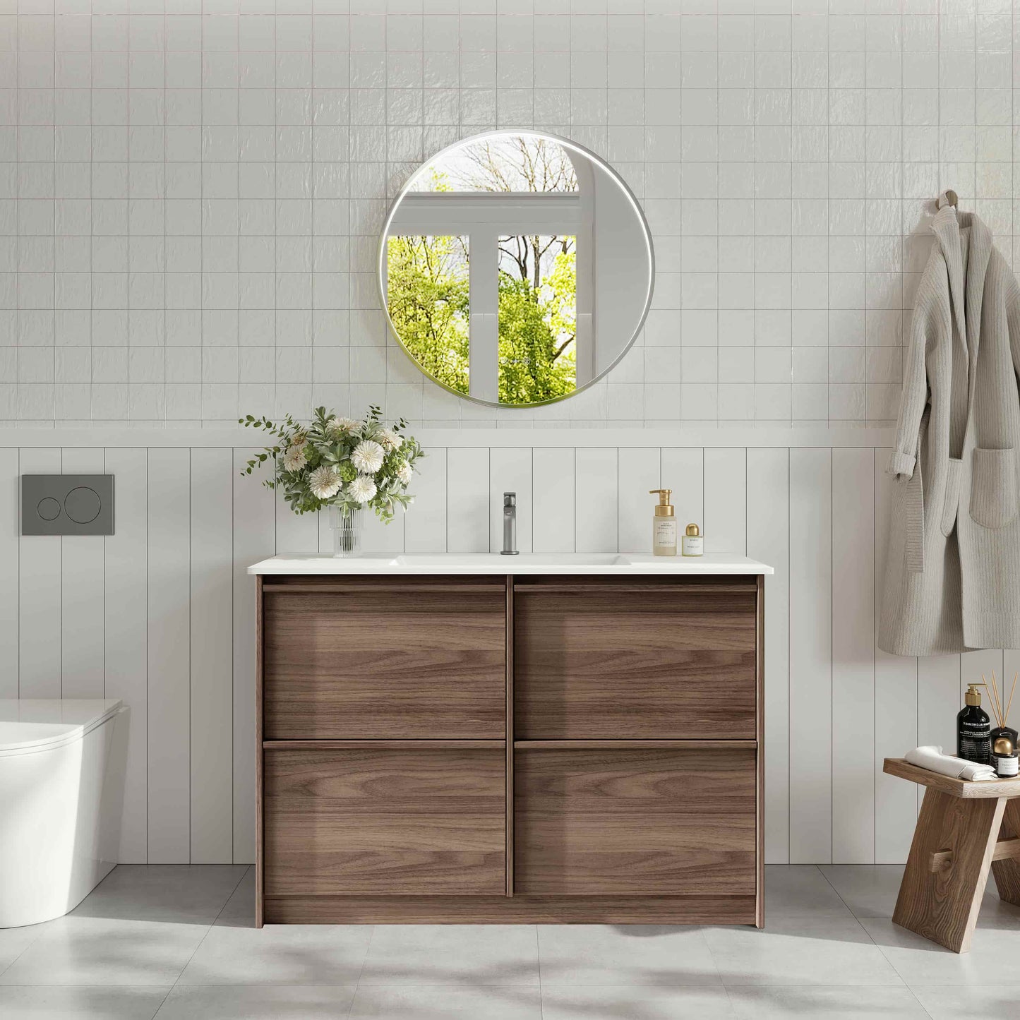 Bella 1200mm Freestanding Cabinet - Notaio Walnut - 1200mm / Notaio Walnut Cabinet + Luna White Stone Top