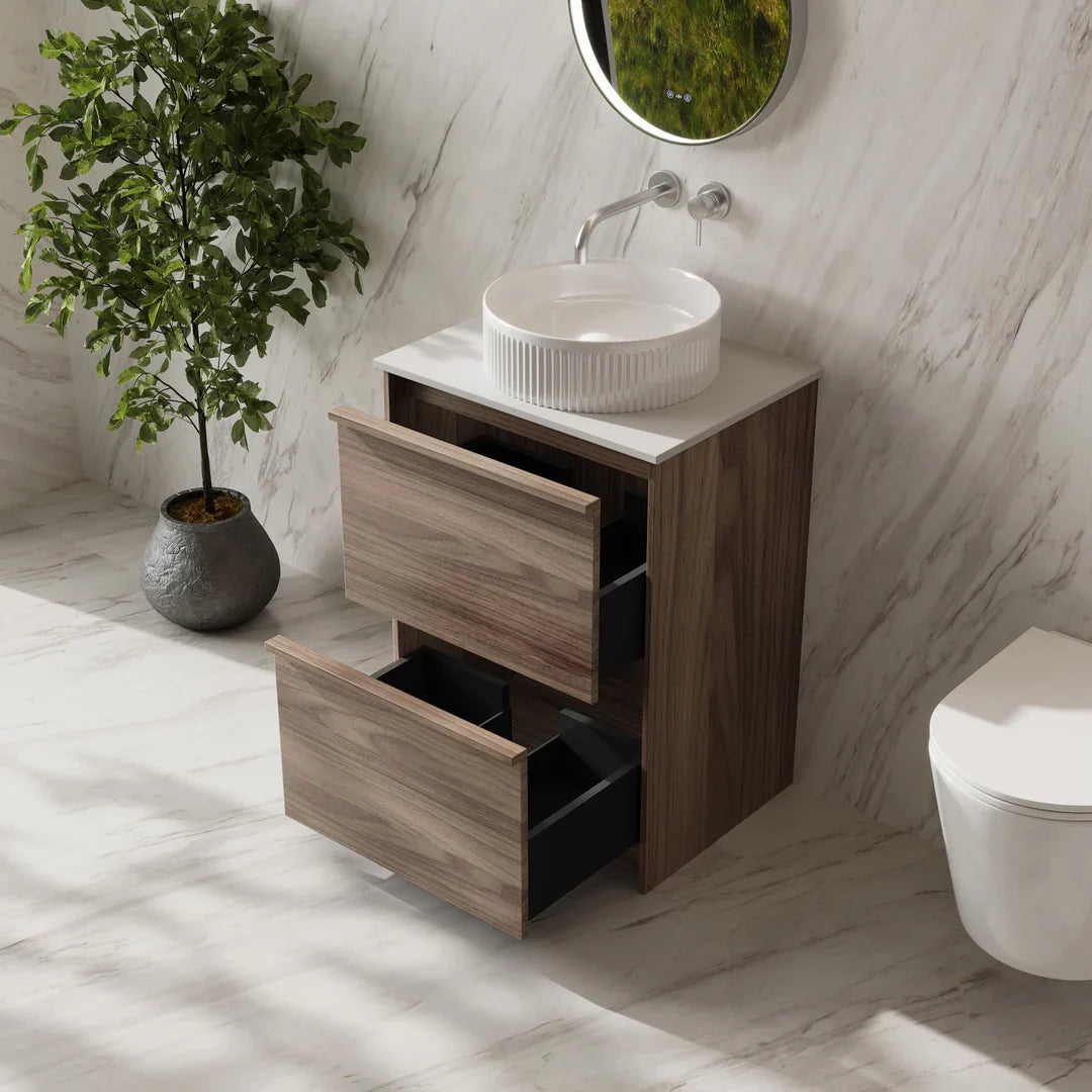 Bella 600mm Freestanding Cabinet - Notaio Walnut - 600mm / Notaio Walnut Cabinet + Carrara White Stone Top