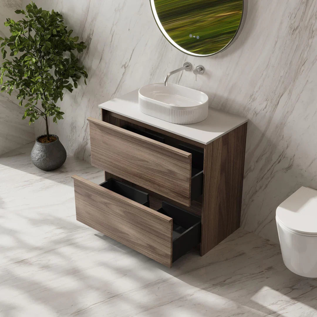 Bella 900mm Freestanding Cabinet - Notaio Walnut - 900mm / Notaio Walnut Cabinet + Luna White Stone Top