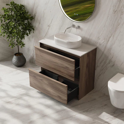 Bella 900mm Freestanding Cabinet - Notaio Walnut - 900mm / Notaio Walnut Cabinet + Luna White Stone Top