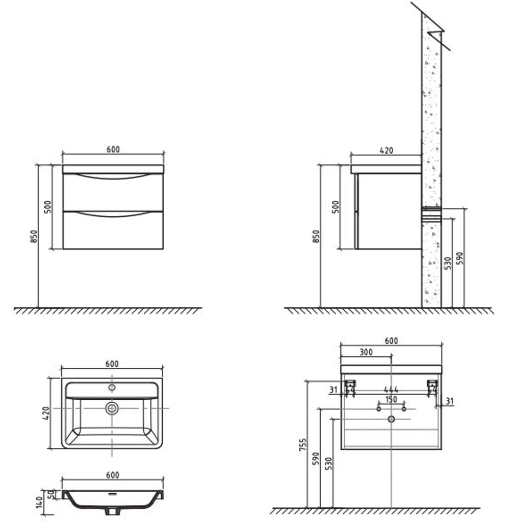 Belbagno Ancona 600mm Wall Hung Vanity  600 X 420 X 450