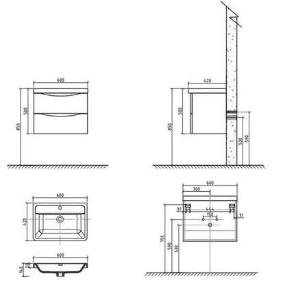 Belbagno Ancona 600mm Wall Hung Vanity  600 X 420 X 450