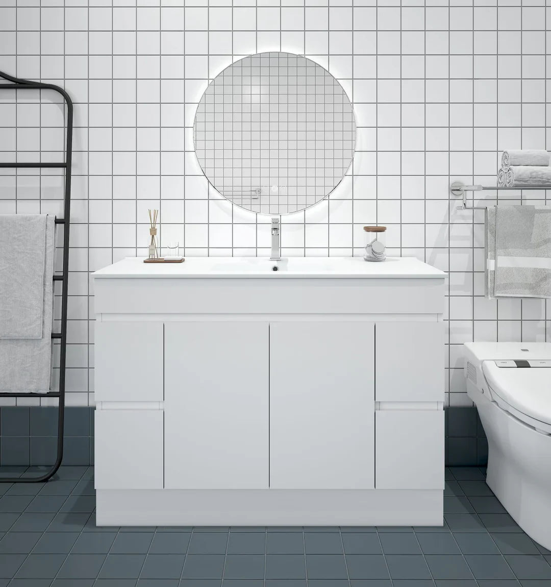 BIANCA 1200mm PVC Freestanding Vanity - 1200mm / Single Bowl Cabinet + Ceramic Top / KickBoard
