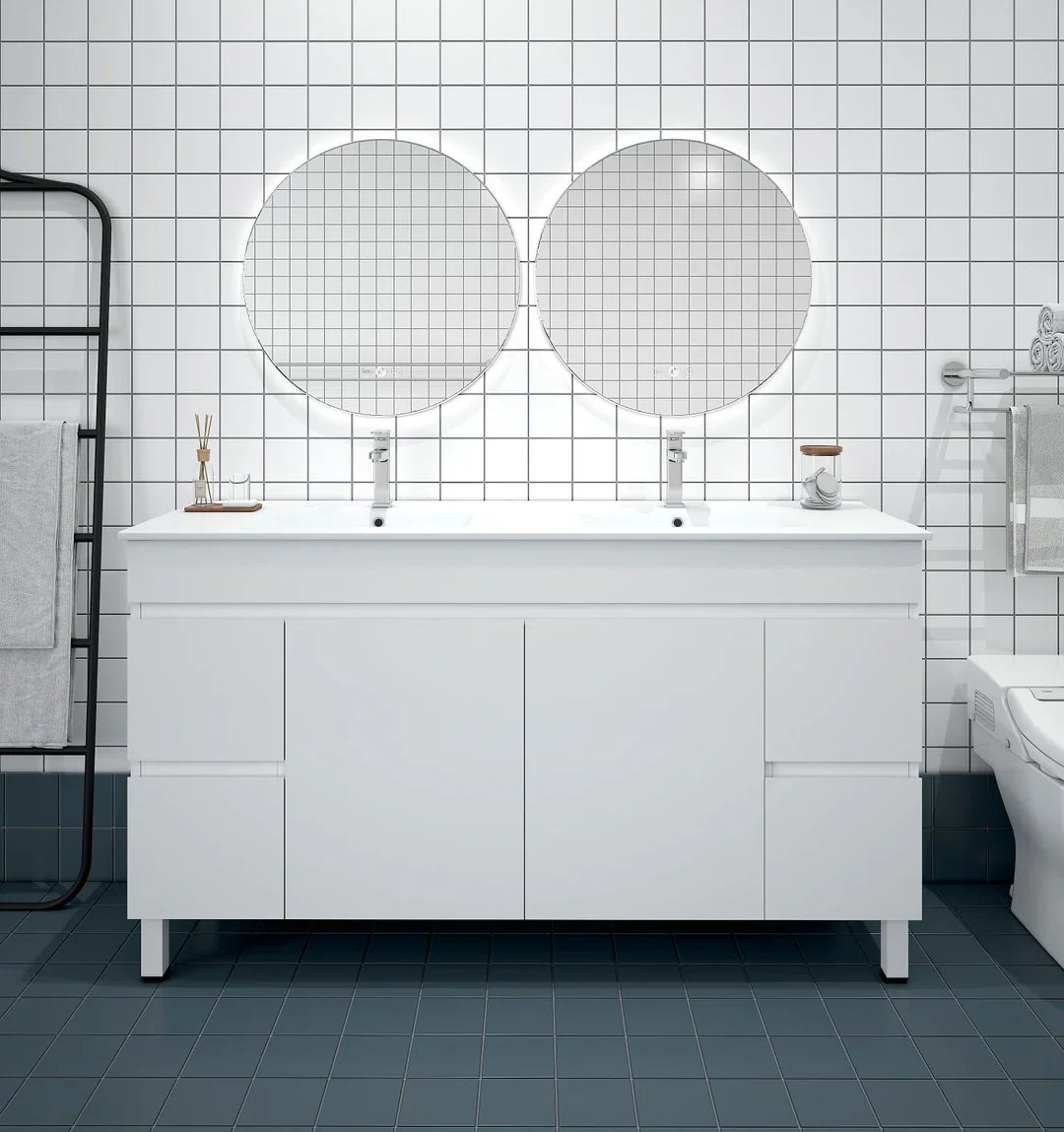 BIANCA 1500mm PVC Freestanding Vanity - 1500mm / Double Bowls Cabinet + Ceramic Top / KickBoard