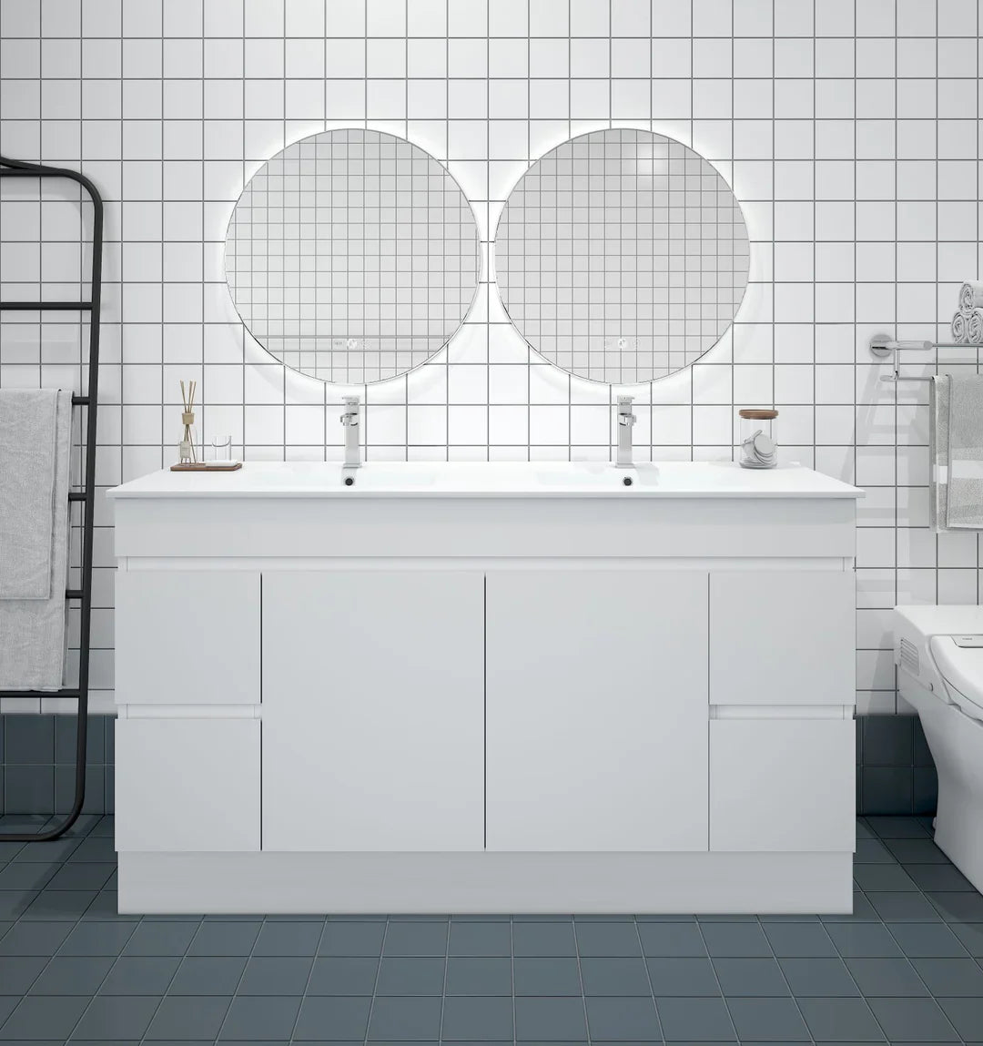 BIANCA 1500mm PVC Freestanding Vanity - 1500mm / Double Bowls Cabinet + Ceramic Top / KickBoard