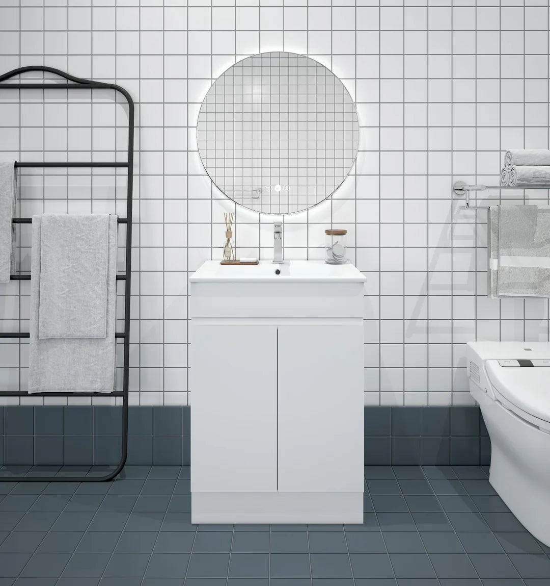 BIANCA 600mm PVC Freestanding Vanity - 600mm / Cabinet + Ceramic Top / Legs