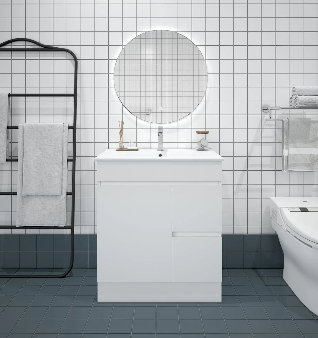 BIANCA 750mm PVC Freestanding Vanity (RHD) - 750mm / Right-Hand Drawer Cabinet + Kickboard + Ceramic Top
