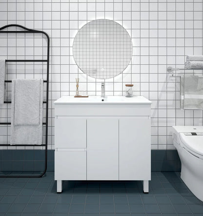 BIANCA 900mm PVC Freestanding Vanity (LHD) and (RHD) - Left-Hand Drawer / Cabinet + Ceramic Top / Legs